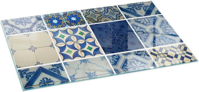 Tulup Glasplatte für Kamin mit Keramikfliesenmuster in Blau, B/H: 140 x 70 cm - Bild 1