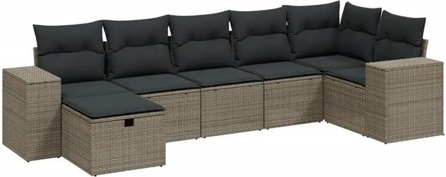 vidaXL 7-teilige Garten-Sofagarnitur in L-Form aus Poly Rattan und Metall mit Kissen in Grau - Bild 1