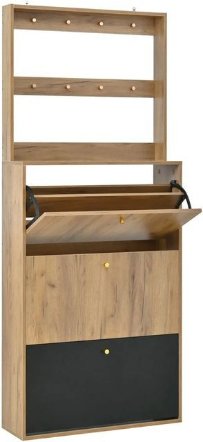 PXloue Schuhschrank Schwarz mit 3 Klappen und Haken für Flur und Eingangsbereich, H x B x T: 180 x 75 x 24 cm - Bild 1