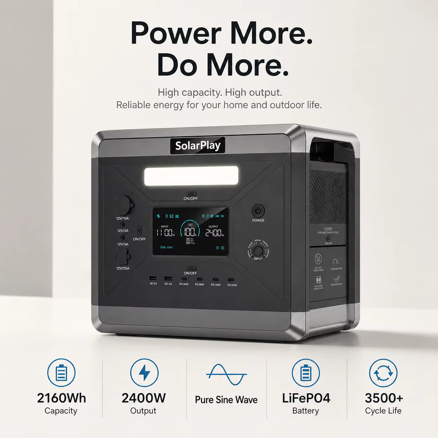 SolarPlay Tragbare Powerstation Q2501 Solargenerator in Grau mit 2160Wh Kapazität, 2400W Spitzenleistung und 1100W Schnellladung - Bild 2