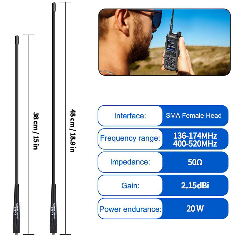 HUXUAN Dual Band Soft Antenne AR-795 mit SMA-F Anschluss für UV-5R UV-82 BF-888S Walkie Talkie, VHF/UHF 136-174MHz/400-520MHz, Schwarz - Bild 2