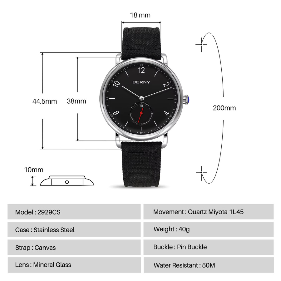 BERNY Armbanduhr Quarz, Edelstahl, Textil/NATO, Schwarz, Herren - Bild 5