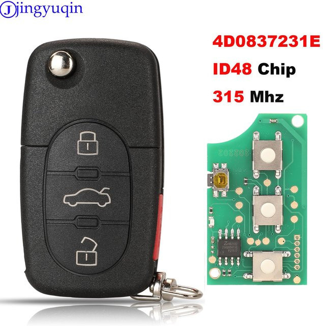 Jingyuqin Fernbedienungsschlüssel für Audi A4 A6 A8 TT mit ID48 Chip und 3 Tasten, 315MHz, Schwarz, ungeschnittene HU66 Klinge - Bild 1