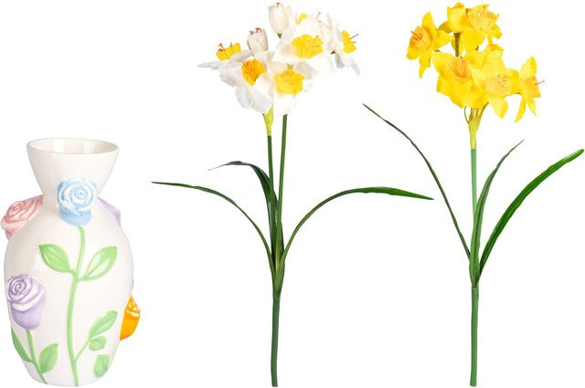 Viva Domo 3D-Blumen-Vase aus Keramik mit Narzissen-Kunstblumenstrauß in Multicolour und Weiß - Bild 1