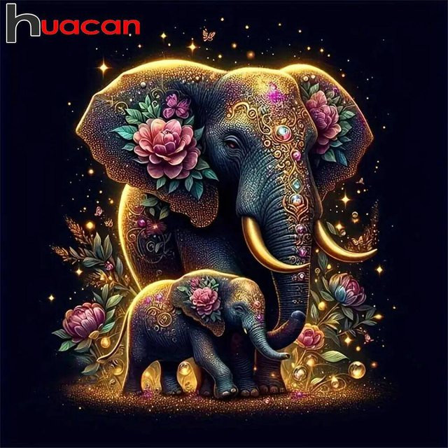 Huacan Diamond Painting Set Elefant und Pfingstrose als Diamant-Mosaik zur Heimdekoration, B/B/H: 20 x 20 x 20 cm - Bild 1