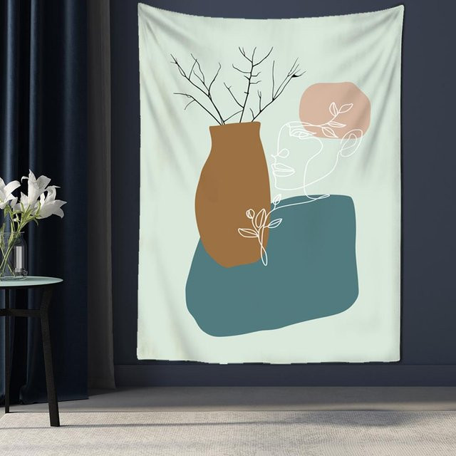 Bohemian Wandteppich mit Blumenmotiv und Gesicht im abstrakten Design, Grau-Weiß, B/H: 95 x 70 cm - Bild 1
