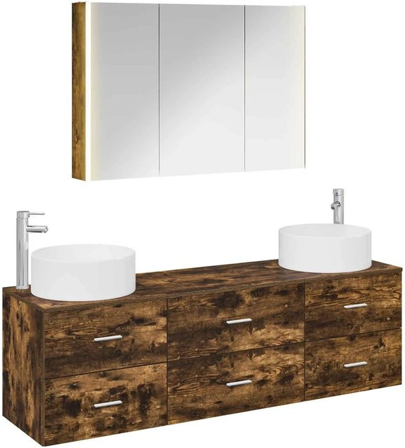 vidaXL Badezimmermöbel-Set 4-teilig aus Eiche in Braun mit LED-Spiegelschrank und Waschtischunterschrank, modern und wandmontiert - Bild 1