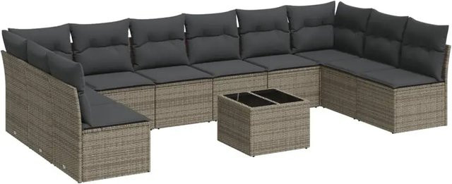 vidaXL 11-tlg. Garten-Sofagarnitur in L-Form aus Polyrattan mit Kissen und Stauraum, Grau - Bild 1