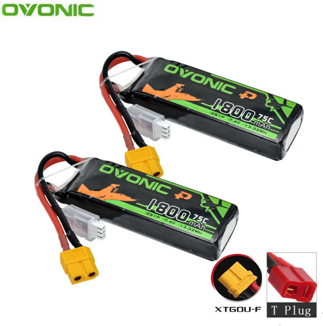 2 Stück OVONIC 7,4 V LiPo-Akku 1800 mAh 75 C 2S für RC-Hubschrauber, Quadcopter, FPV und Racing Drohnen in Schwarz - Bild 1