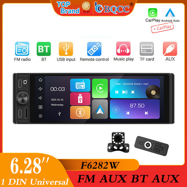 BQCC Universeller 1Din Auto-Multimedia-Player mit 6,28 Zoll Display, CarPlay und Android Auto, Bluetooth, FM, AUX und USB, Schwarz - Bild 1