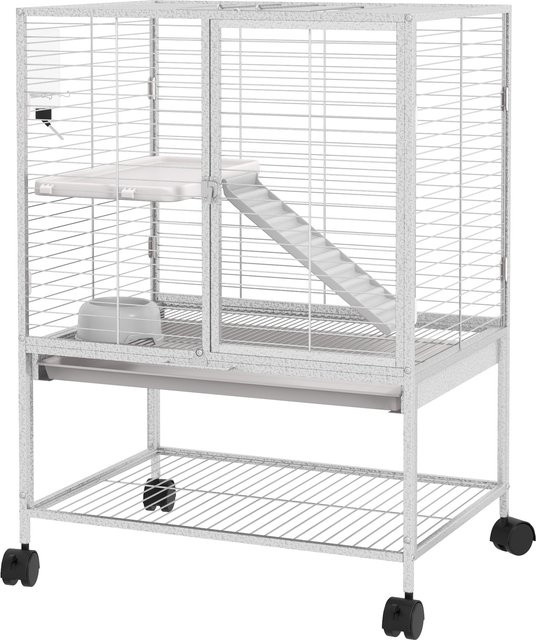 PawHut Kleintierkäfig auf Rollen mit 2 Ebenen, 2 Türen, Rampe, Ablage und Zubehör, grau, B/T/H: 61,5 x 44,5 x 86 cm, Aosom - Bild 1