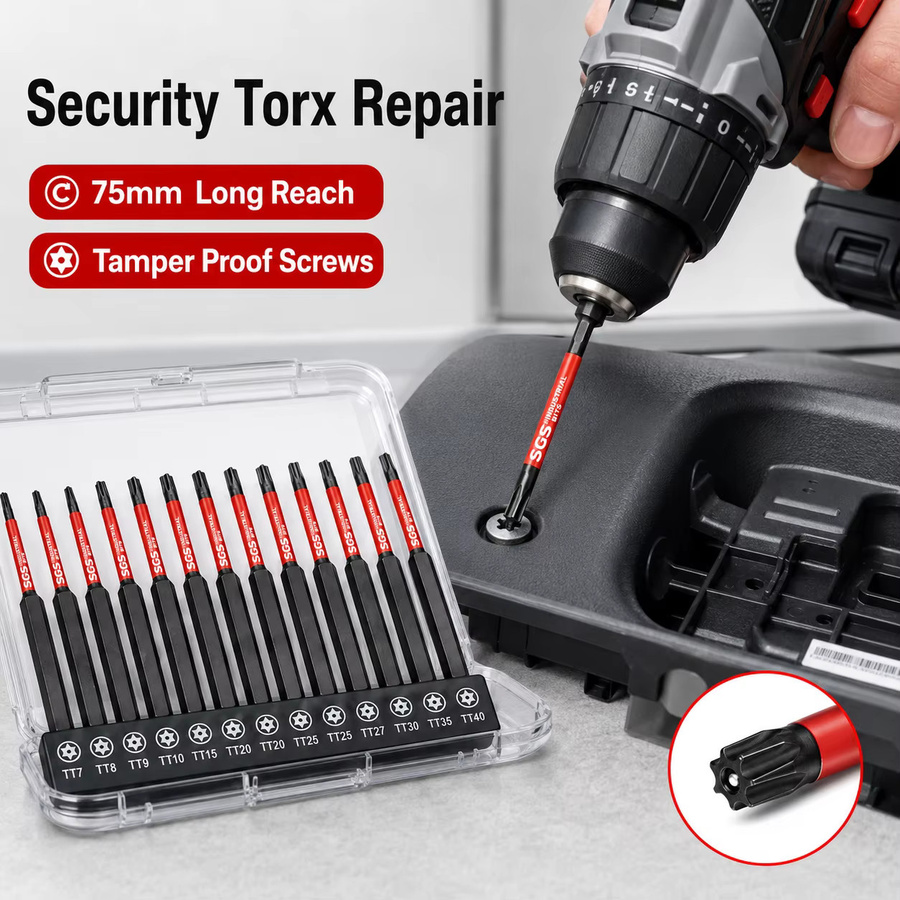 SGS 13-teiliges Sicherheits-Torx-Schraubendreher-Bit-Set aus S2-Stahl, TT7-TT40 Manipulationssichere Sternbits mit 1/4 Zoll Sechskantschaft und Aufbewahrungsbox, Länge: 75 mm - Bild 5