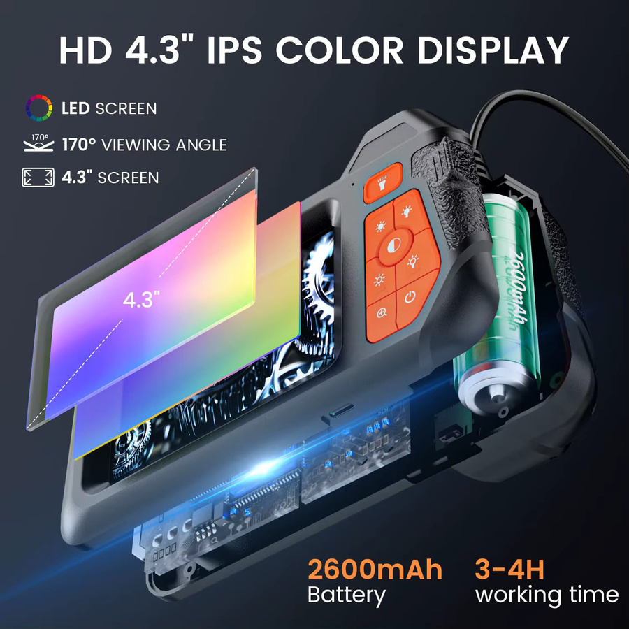 AOERWEI Industrie-Endoskopkamera mit 4,3 Zoll HD-Display, 1080P Auflösung, 5,5 mm flexibles Boreskop mit Licht für Sanitär- und Automobilanwendungen, Schwarz - Bild 3