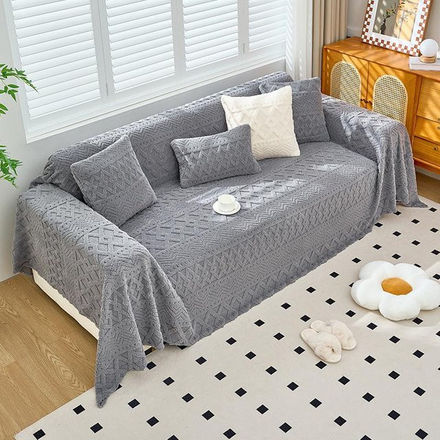 Super Six Sofahandtuch aus Plüsch in Grau, geometrisches Design, B/H: 180 x 130 cm - Bild 1