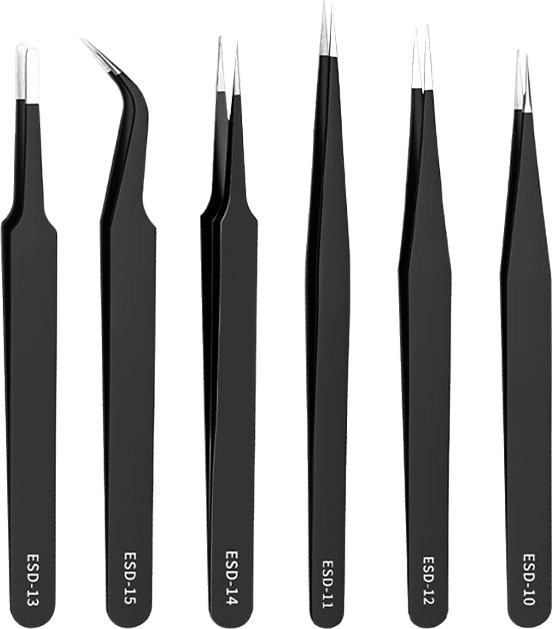 TOPLIA 6-teiliges ESD-Präzisionspinzetten-Set aus schwarzem Edelstahl für Elektronik, Löten und Schmuckarbeiten - Bild 1