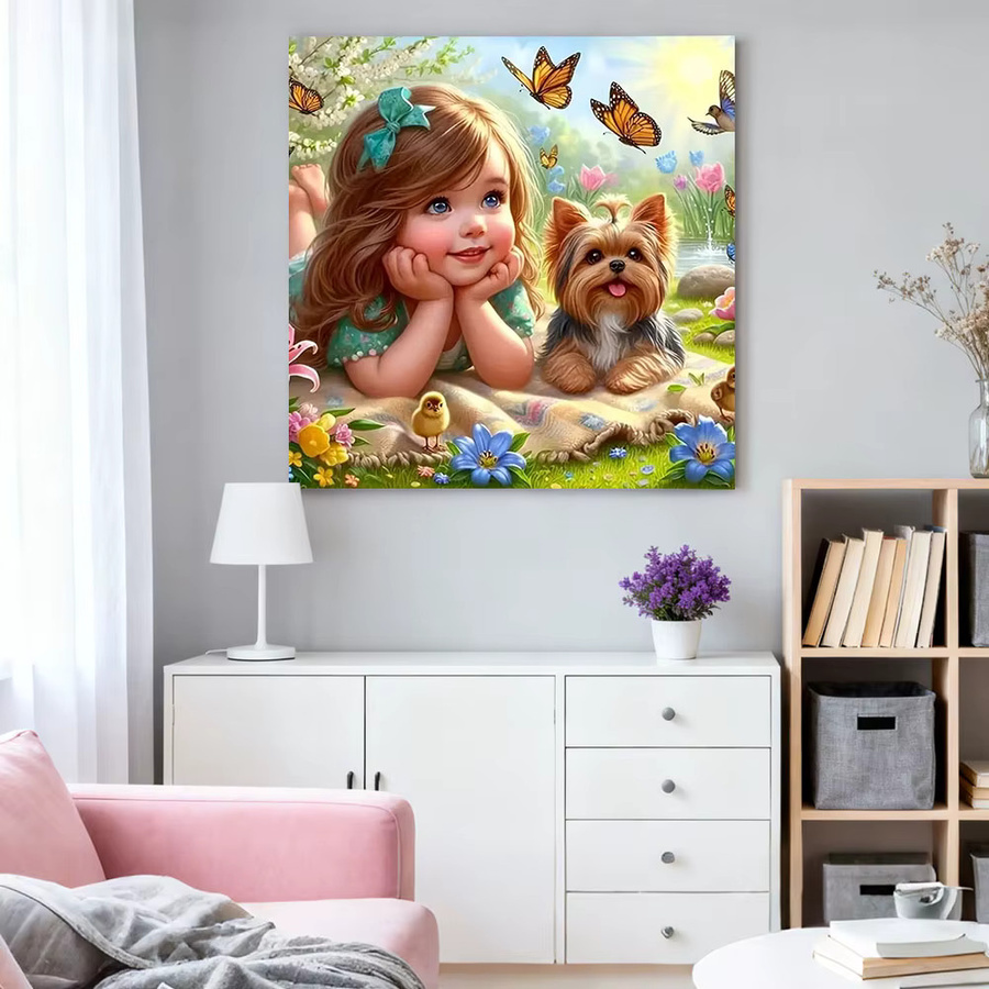 HUACAN Diamant-Gemälde Porträt von Mädchen und Hund als Mosaik-Wanddekoration in Mehrfarbig, Durchmesser: 20 cm - Bild 2