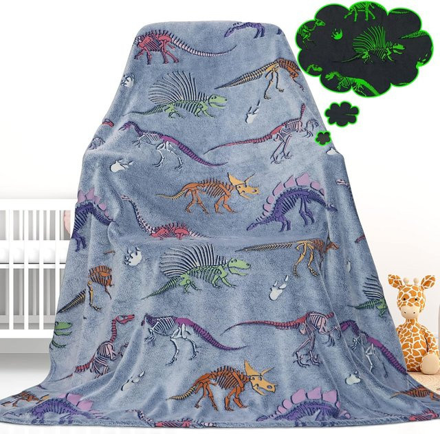 JMG Household Supplies Dinosaurier-Decke aus weichem Fleece in Blau, leuchtet im Dunkeln, B/H: 70 x 100 cm - Bild 1