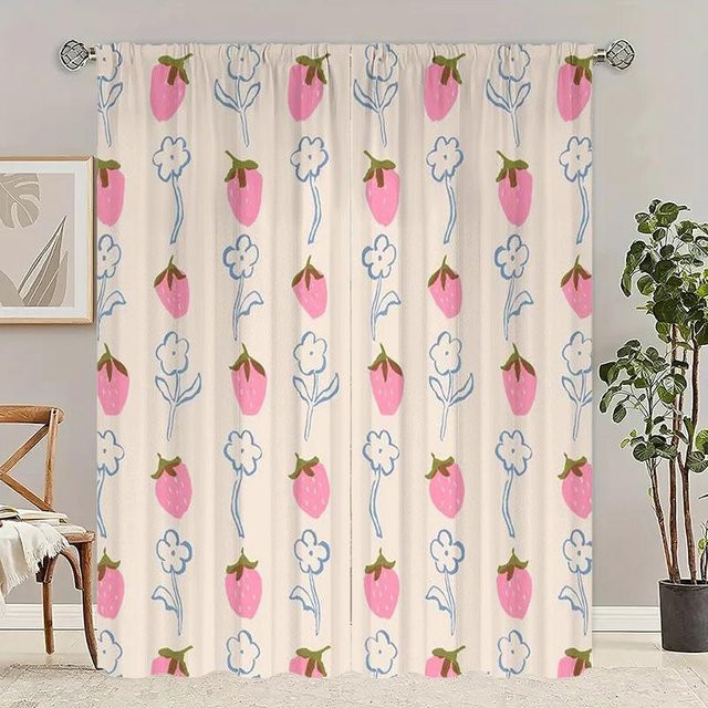 Yiran Furniture Erdbeer Vorhänge aus Polyester im modernen Stil, 2er Set, semi-transparent, B: 60 cm, H: 150 cm - Bild 1