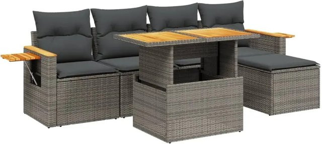 vidaXL 6-teilige Garten-Sofagarnitur aus Poly-Rattan und Akazienholz in Grau mit Kissen - Bild 1