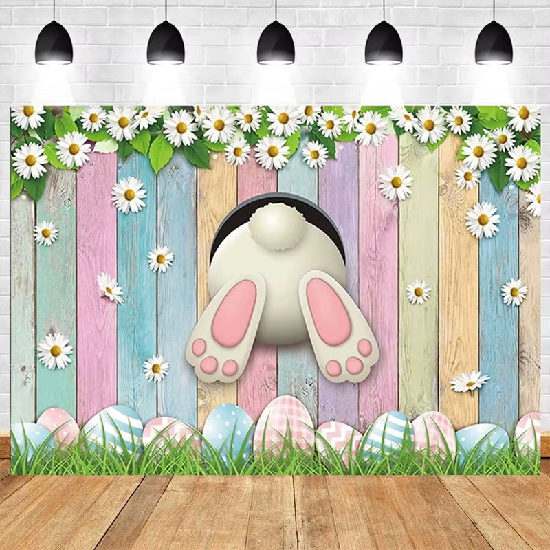 Ostern und Frühling Vinyl-Hintergrund mit Blumen, Gras und Kaninchen in Grün und Mehrfarbig für Babypartys und Kinderzimmer-Dekoration - Bild 4