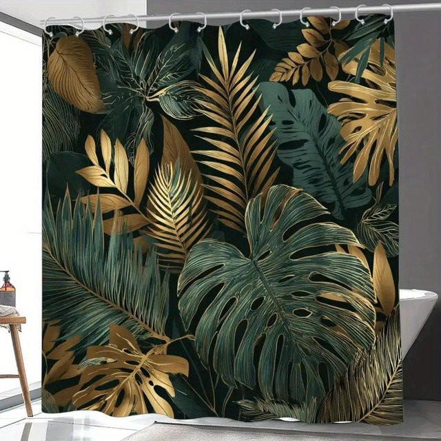 Dai Jiaochuan Duschvorhang mit tropischem Blattmuster in Gold und Grün, wasserdicht und schimmelresistent, B: 160 cm, H: 180 cm - Bild 1