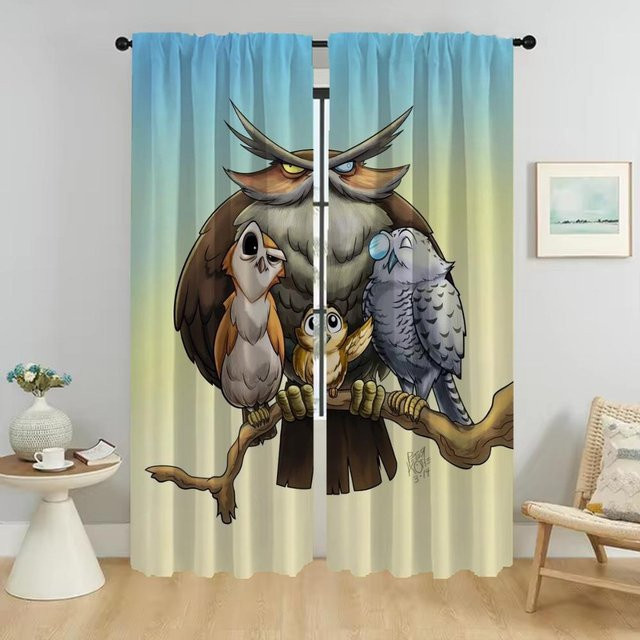 Cartoon Eulen Fenstervorhänge für dein Schlafzimmer, 2er-Set, Mehrfarbig, Breite: 50 cm, Höhe: 70 cm - Bild 1