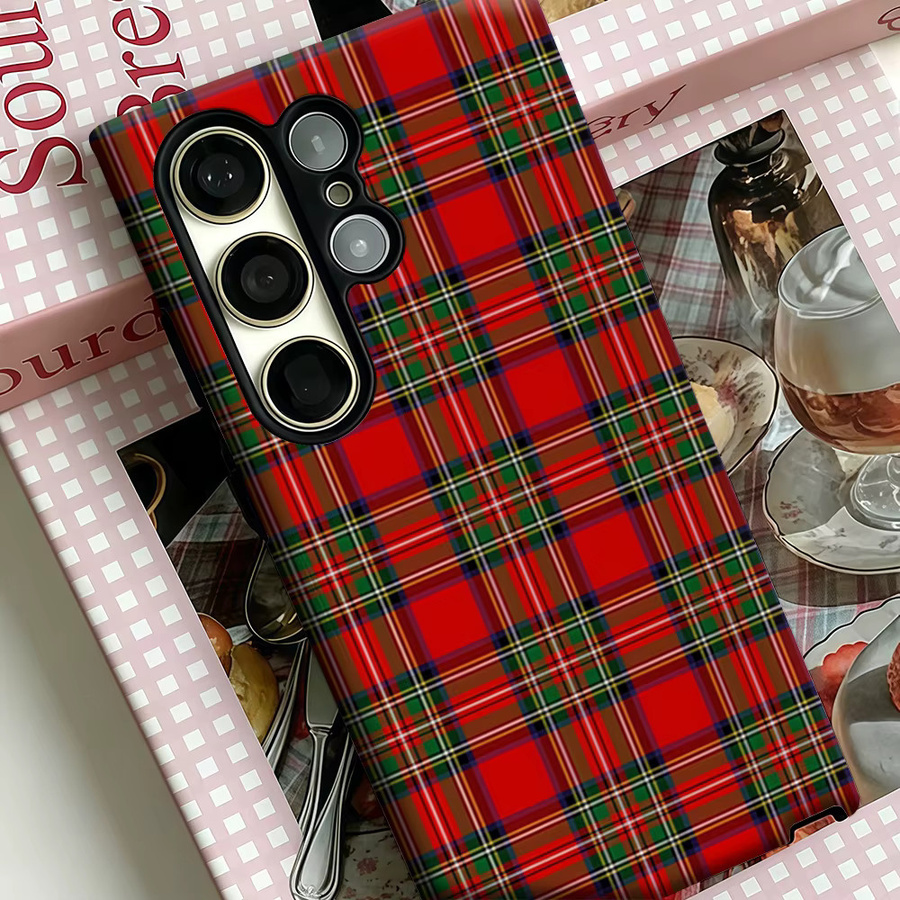 Stoßfeste Doppelschicht Handyhülle mit rot-grünem Weihnachts-Karomuster für Samsung Galaxy S25 Ultra, S24 und S23 Ultra Plus - Bild 4