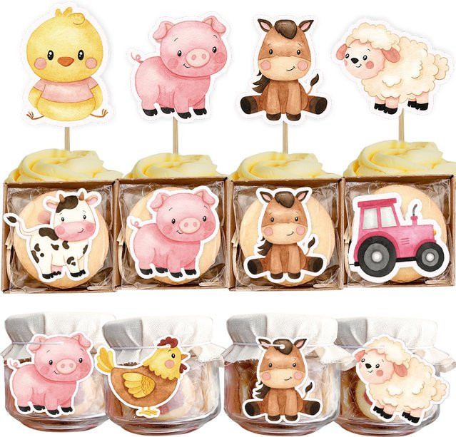 Bauernhof-Hängeetiketten aus Papier für Kindergeburtstage, bunte Party-Dekoration mit Bauernhofmotiv für DIY-Geschenke und Verpackungen, Pink und Mehrfarbig - Bild 1