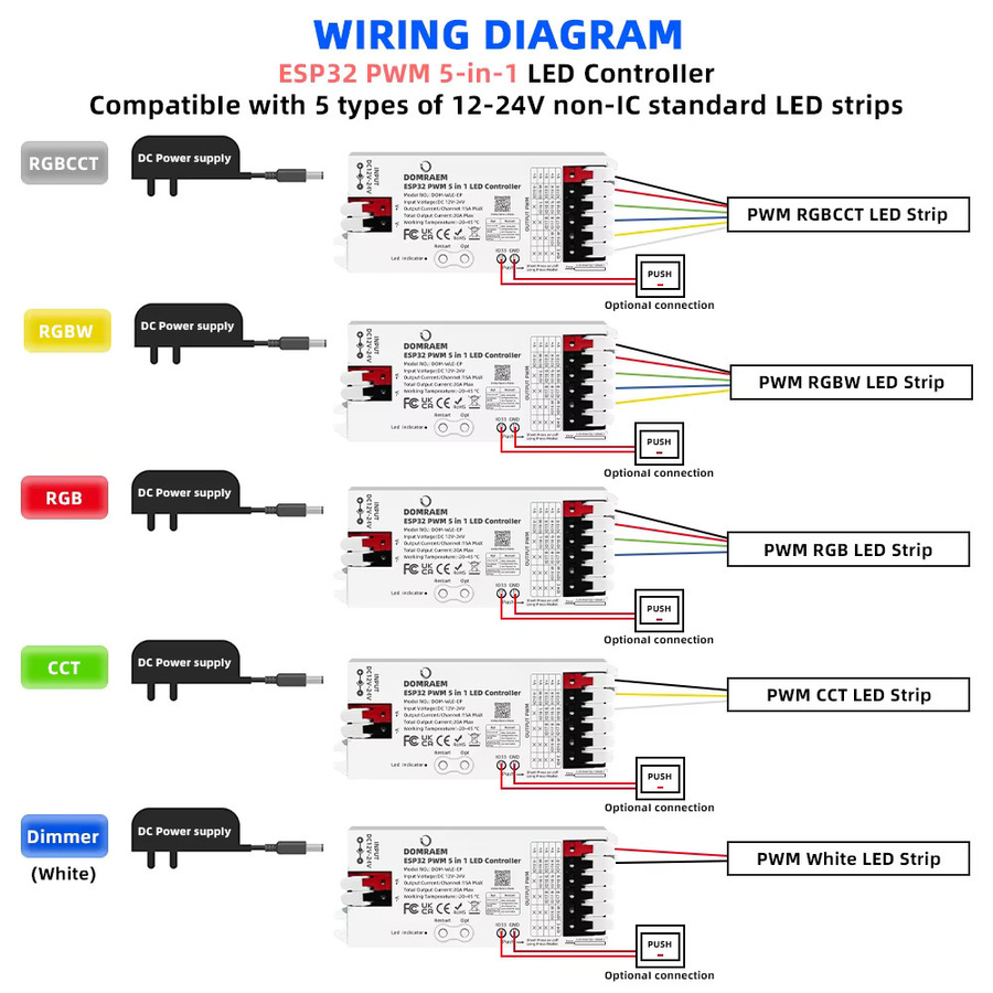 DOMRAEM WLED Controller ESP32 PWM für analoge LED-Streifen, 5-in-1 Steuerung für 2/3/4/5/6 Drähte, weiß, kompatibel mit Alexa, Google Home und Home Assistant - Bild 5