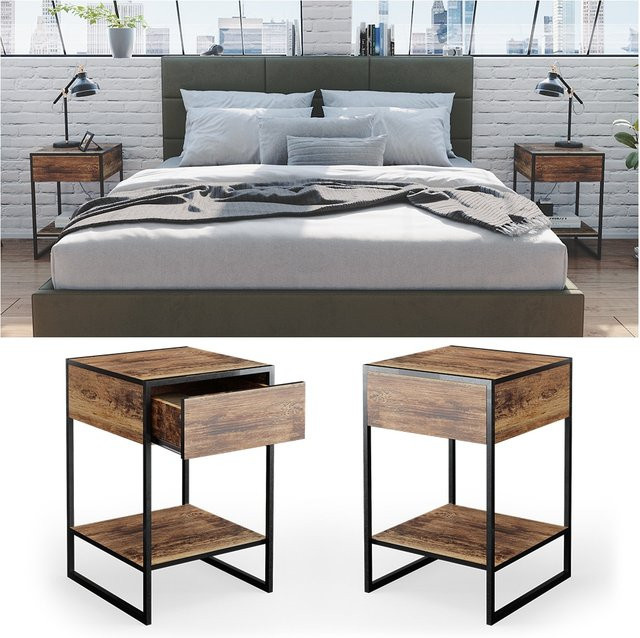 Vicco Fyrk Nachttisch 2er Set Nachtkommode in Antikholz Brown mit Schublade für dein Schlafzimmer - Bild 1