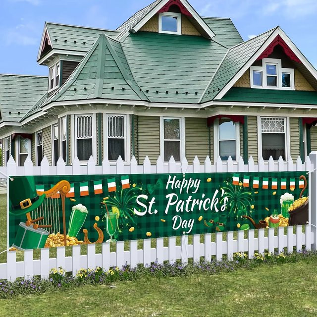 VIKAMA Happy St. Patrick's Day Banner mit Kleeblatt-Motiv und Buchstaben, grüne Party-Dekoration als Hängezubehör - Bild 1