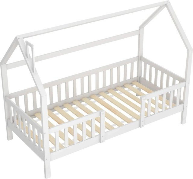 KOMHTOM Kinderbett Hausbett mit Schornstein aus Kiefernholz in Weiß inklusive Lattenroste, B/T/H: 90 x 200 cm - Bild 1