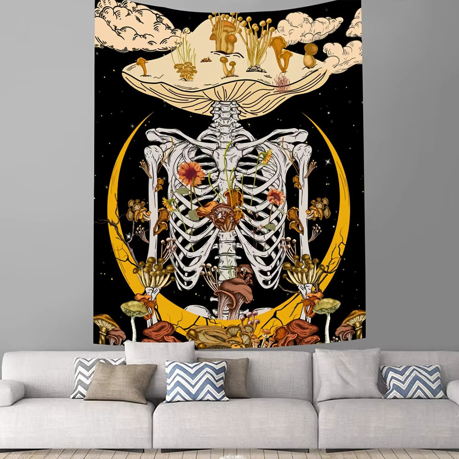 VIKAMA Fantasy Pilz Totenkopf Wandteppich in Multicolour mit Sternen, Mond und Wolken, B/H: 60 x 40 cm - Bild 2