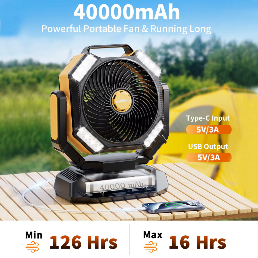 coldSky Camping-Ventilator mit 40000 mAh Akku, batteriebetriebener Tischventilator mit 4 LED-Lichtern, 8 Geschwindigkeiten und Fernbedienung, tragbar und wiederaufladbar, Gelb/Schwarz - Bild 2