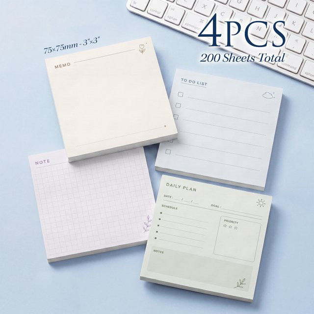 4 Stück minimalistische Planer-Haftnotizen mit Raster-Design in Weiß, insgesamt 200 Blatt, B/H: 7,5 x 7,5 cm - Bild 1