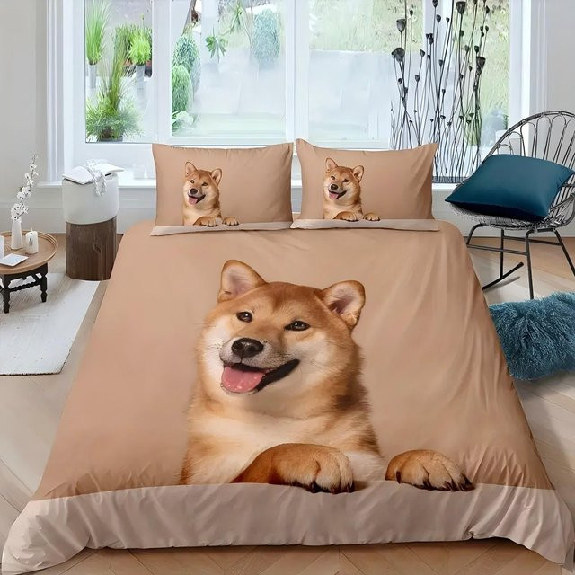 Bettwäsche-Set Akita Hund mit 3D-Druck in Beige, bestehend aus Bettdeckenbezug und Kissenbezügen, B/H: 140 x 200 cm - Bild 1