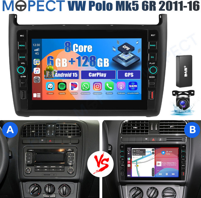 MOPECT Android 15 Autoradio für Volkswagen Polo 6R 6C 2009-2017 mit 8 Zoll Touchscreen, 6GB RAM + 128GB Speicher, CarPlay, Bluetooth, GPS, 4G, DAB und AHD in Schwarz - Bild 1