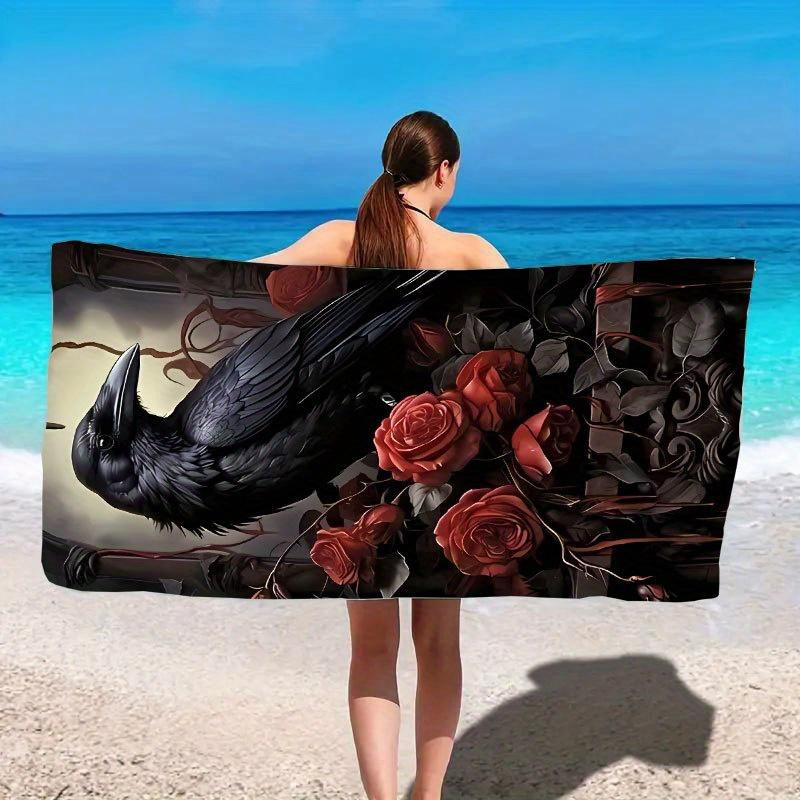 Personalisiertes Strandtuch mit Raben und roten Rosen von JMG Household Supplies, schnell trocknendes Mikrofaser-Badetuch im Gothic-Design, Farbe: Rot/Mehrfarbig, Breite: 50 cm, Höhe: 100 cm - Bild 2