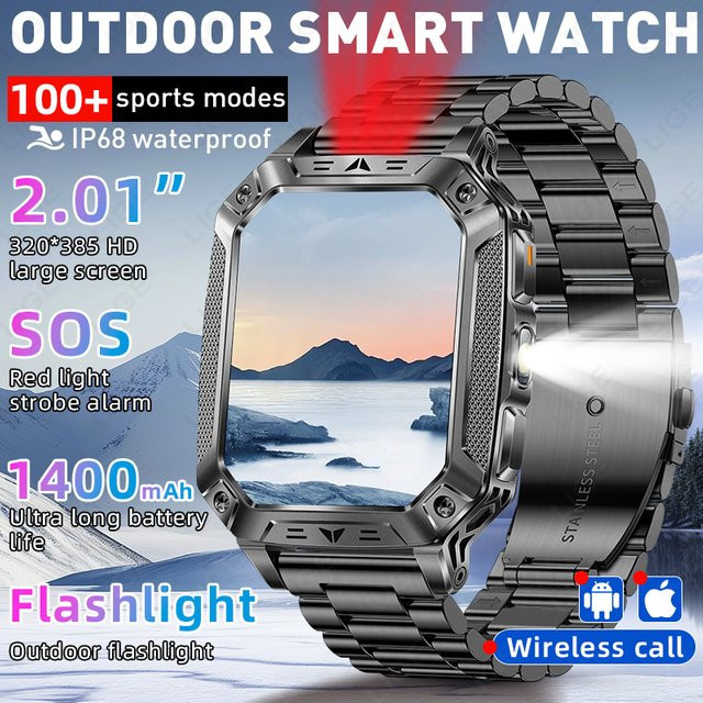 LIGE Militär Smartwatch für Männer mit 1400 mAh Akku, IP68 wasserdicht, taktische Sportuhr mit SOS-Funktion und Taschenlampe in Schwarz-Orange - Bild 1