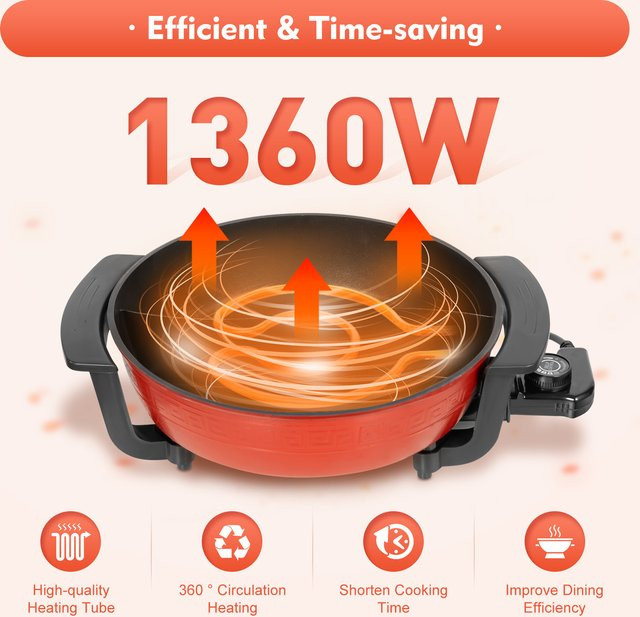 Bymaocar Elektrische Hotpot-Pfanne mit 5 Temperaturstufen in Schwarz oder Rot - Bild 1