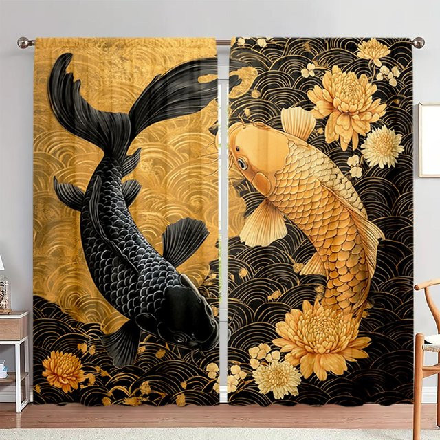 2er-Set Vorhang mit Koi-Glücksmuster in Braun, halbtransparentes Fensterdekor für Schlafzimmer, Büro oder Küche, B: 52,5 cm, H: 116 cm - Bild 1