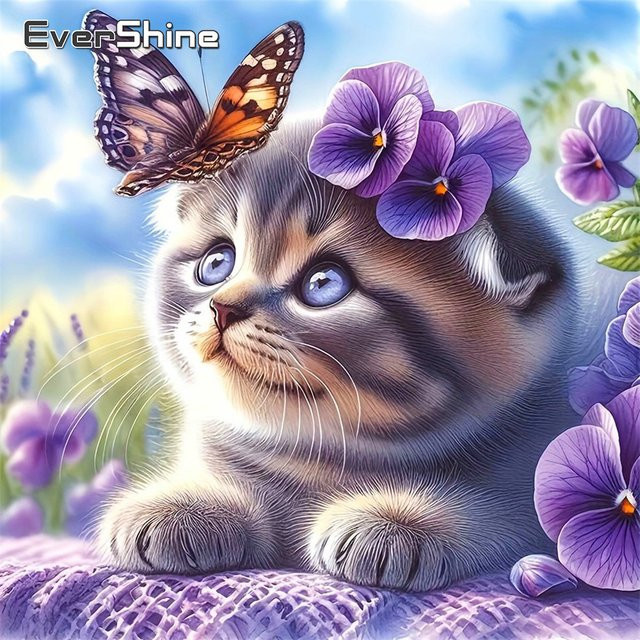 Evershine 5D Kreuzstich-Set mit Katzen- und Blumenmotiv, 11 CT, unbedruckte Leinwand, Mehrfarbig, B/H: 30 x 30 cm - Bild 1