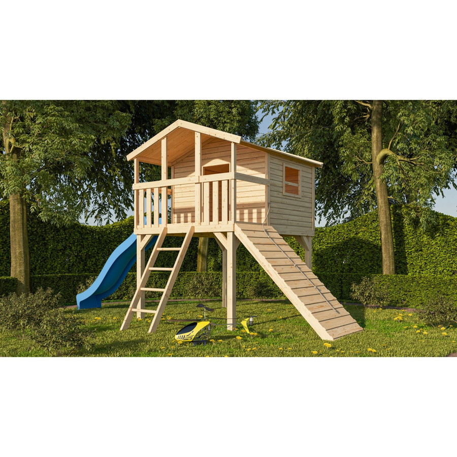 Karibu Stelzenhaus Benjamin Set in Natur mit Holzrampe und Rutsche, Farbe Blau, B/H/T: 198 x 309 x 244 cm - Bild 2