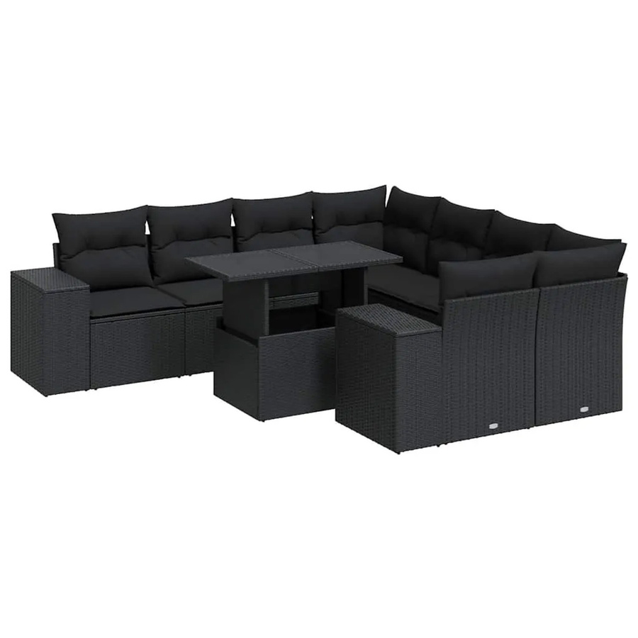 vidaXL 9-tlg Garten-Sofagarnitur in L-Form aus schwarzem Poly-Rattan mit Kissen und pulverbeschichtetem Stahlgestell - Bild 2