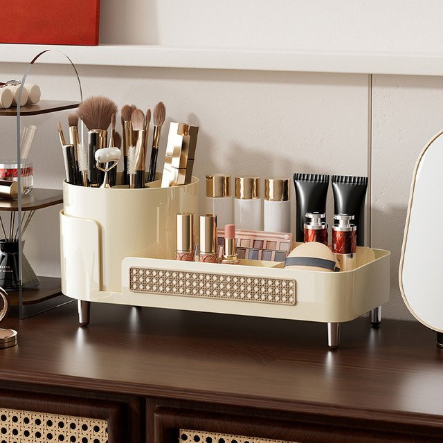 UFORU Kosmetik-Aufbewahrungsbox mit Drehfunktion für Schminktisch und Hautpflege in Weiß und Beige - Bild 1