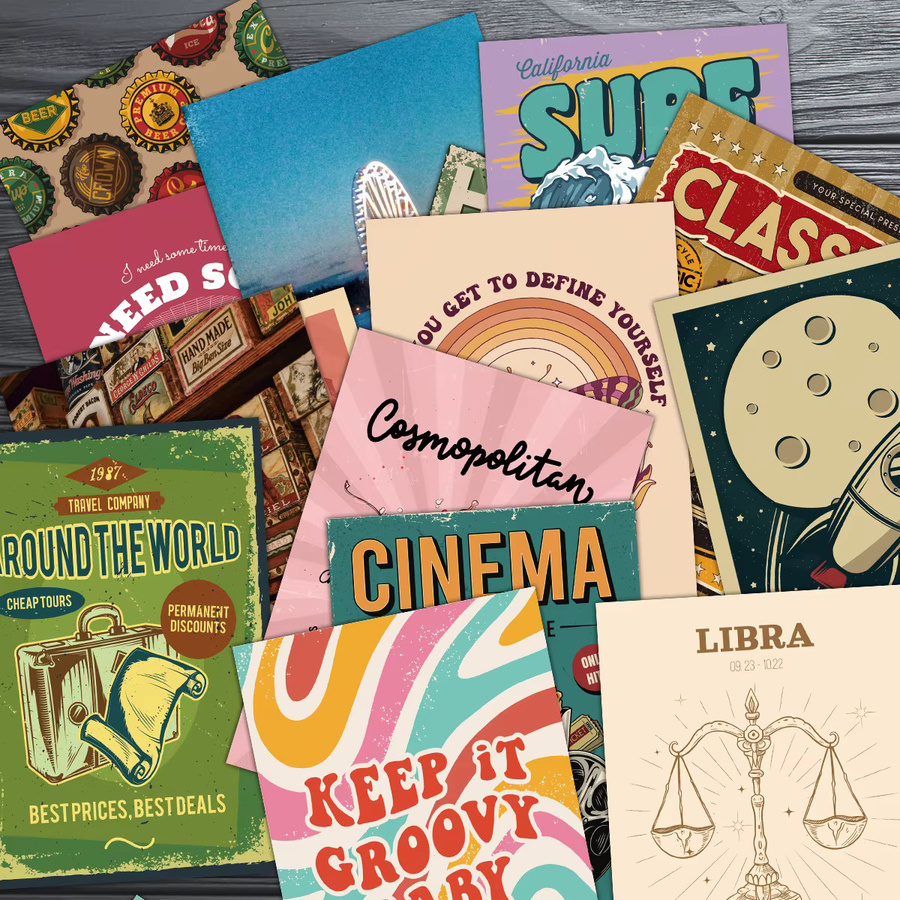 50 Stück Vintage Wandpostkarten mit Aufklebern im Retro-Stil mit Film, Surf und Camping Motiven in Mehrfarbig - Bild 3