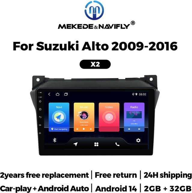 MEKEDE Android 14 Autoradio mit Carplay und GPS für Suzuki Alto 2009-2016, 2 Din IPS Split Bildschirm, Schwarz - Bild 1
