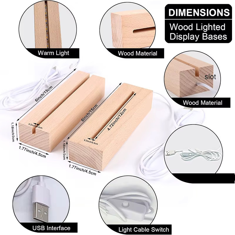 LED-Nachtlichtbasis aus Holz mit USB-Schalter für Glaskunst und Harzdekoration, rechteckiges Design in modernem Stil - Bild 2