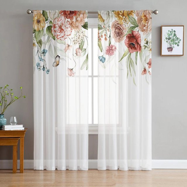 Vintage Tüllvorhang mit rosa Blumenmuster in Rosa und Weiß, transparentes Organza-Voile für Wohnzimmer, Küche oder Schlafzimmer, B: 135 cm, H: 115 cm - Bild 1