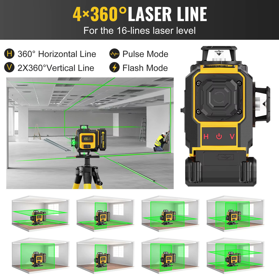 CONENTOOL Laser Level mit Stativ, multifunktionales 4D 16 Kreuzlinien Gerät mit 360 Grad Rotationsfenster, selbstnivellierend, Gelb, inklusive 2 Akkus und Ladegerät - Bild 4